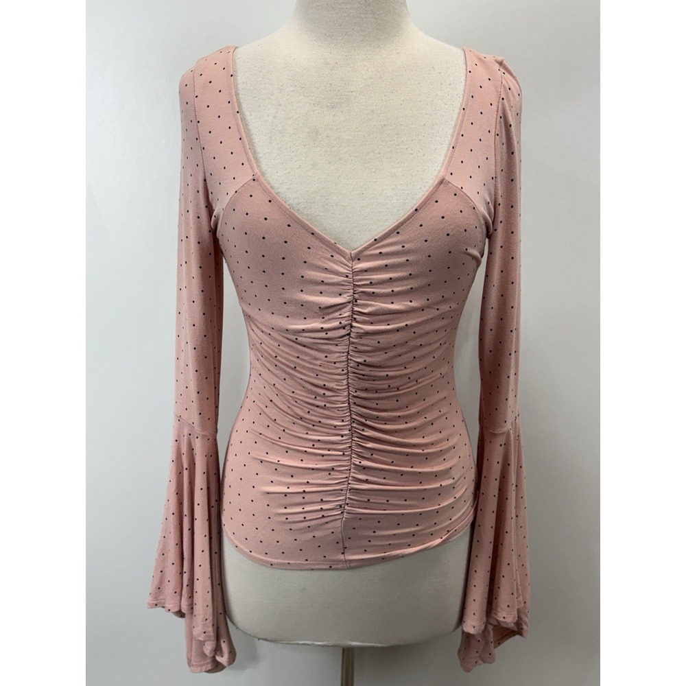 Free People We The Free Pink Bell Sleeve What A Babe Polka Dot Top Ruched Boho